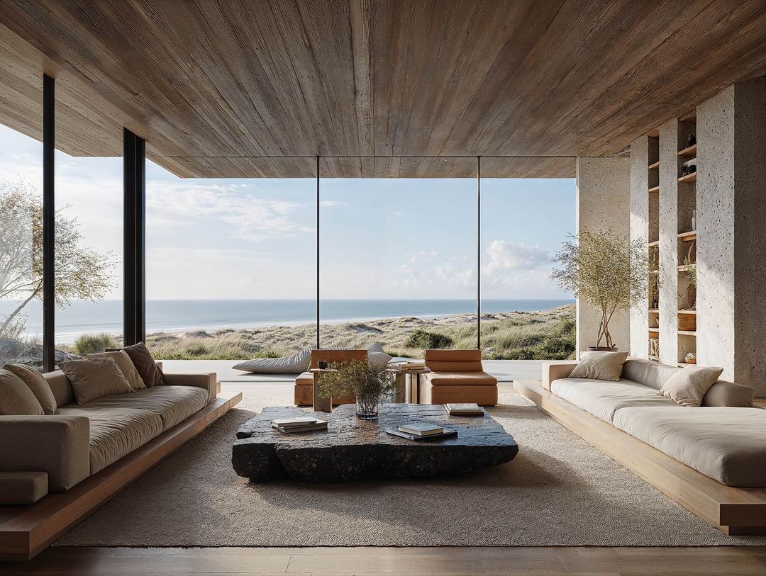 Modern living room with large windows overlooking a beach. Features two sofas, a dark coffee table, and wooden shelves with decor.