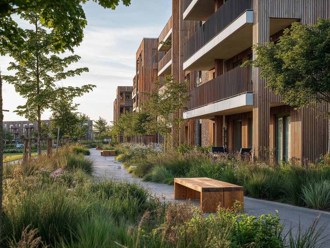 Modern apartment buildings with wooden facades, surrounded by lush greenery and a path with wooden benches under a clear sky.