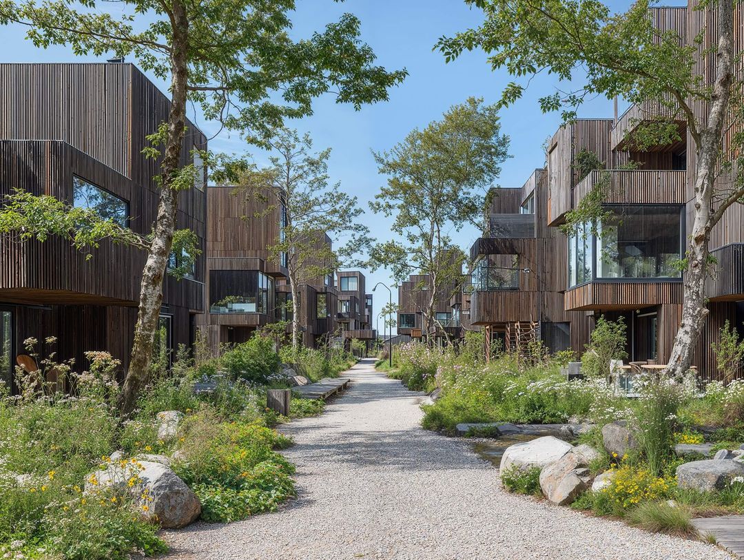 Modern wooden townhouses with large windows and greenery line a gravel path under a clear blue sky, surrounded by trees and wildflowers.