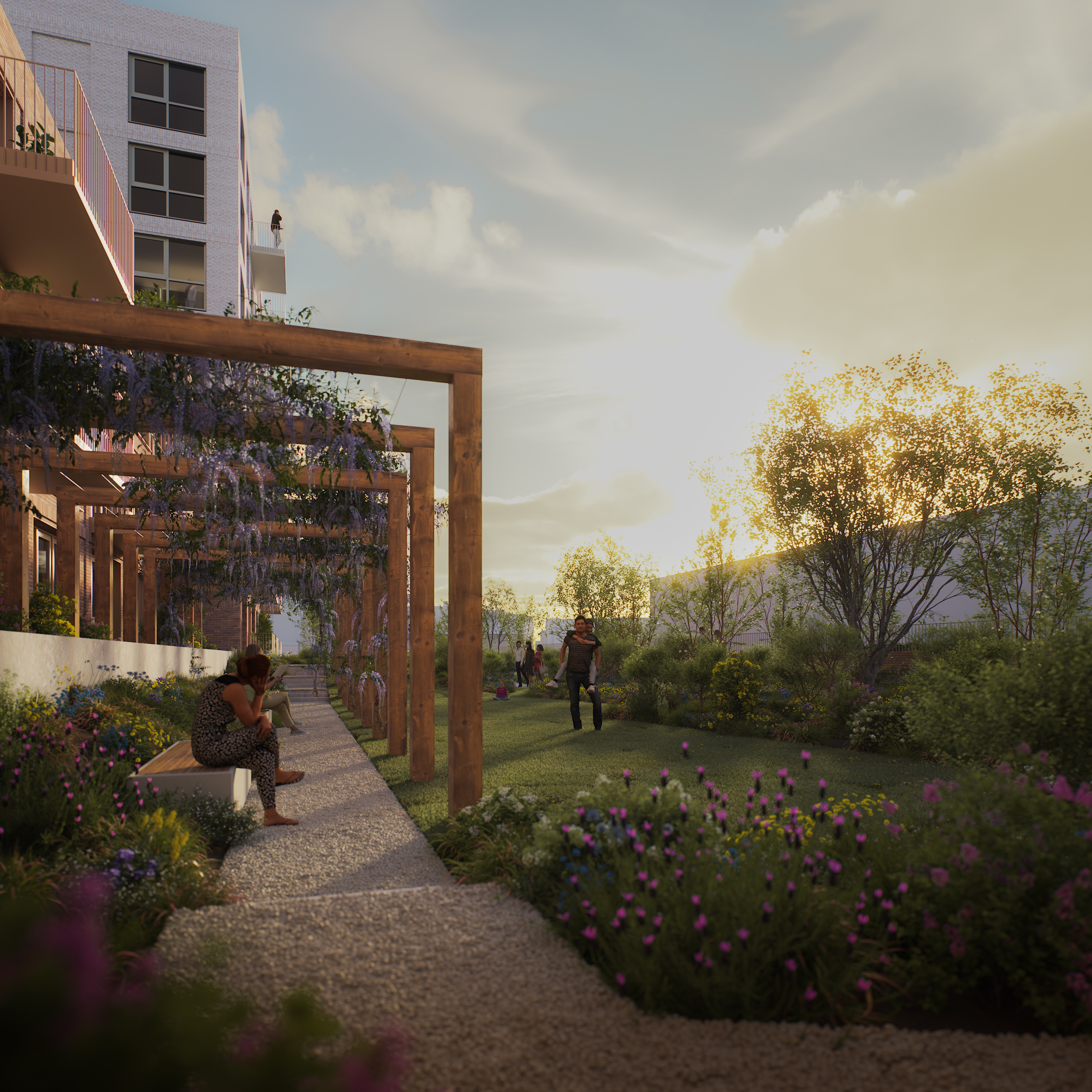 Sunset-lit apartment courtyard with wooden pergola draped in flowering vines, gravel path, benches and people strolling through a planted lawn.
