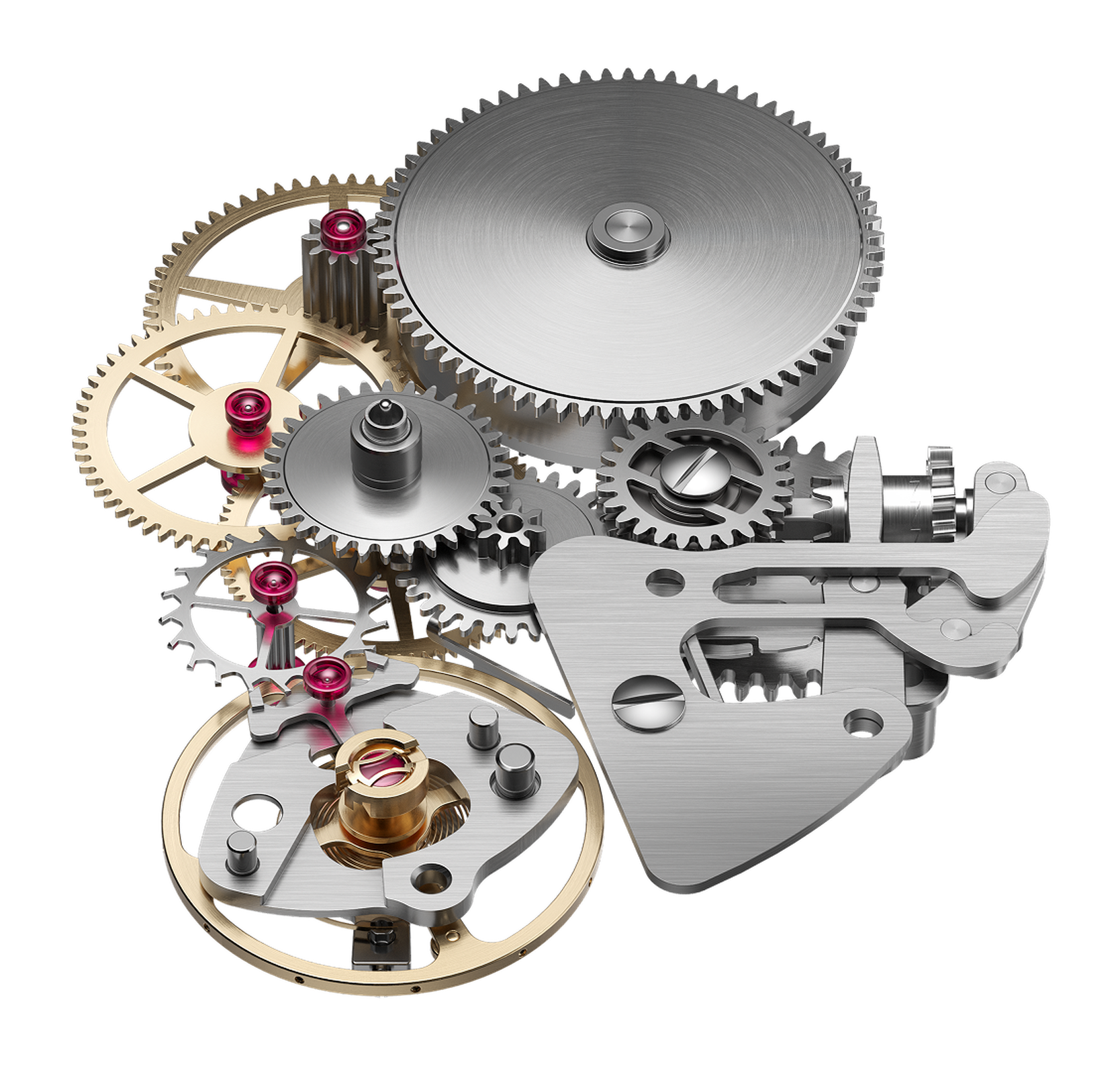 Isolated close-up of a mechanical watch gear train assembly against a white background. The stacked components show a large brushed steel barrel with a circular-grained ratchet wheel at top, meshing into a cascading series of gold and steel pinions and wheels with red ruby jewel bearings. At bottom left, a gold balance wheel with a brass roller jewel and pallet fork is visible. At right, a brushed steel lever plate with a notched locking detent anchors the escapement. The mix of polished gold, brushed steel, and deep red jewels highlights the layered mechanical complexity of the movement.