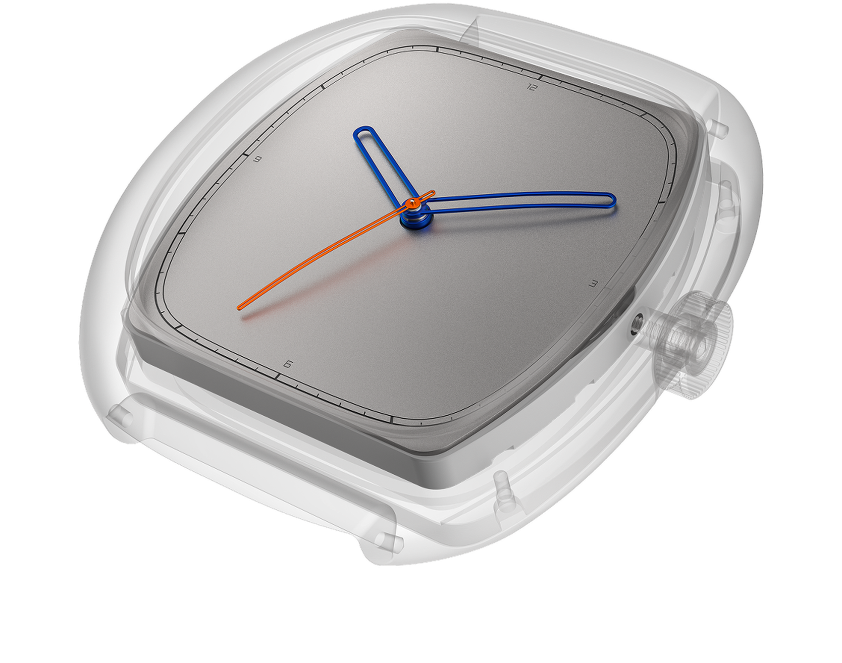 Cutaway render of a cushion-shaped watch showing the relationship between the transparent outer case and the inner titanium dial. The see-through case reveals the sealed air gap between the crystal and dial surface, illustrating the watch's water resistance construction. The matte grey dial features open-loop blue hour and minute hands with an orange seconds hand, set against a minimalist minute track with numerals at 12, 3, 6, and 9. The transparent knurled crown is visible on the right side. White background.