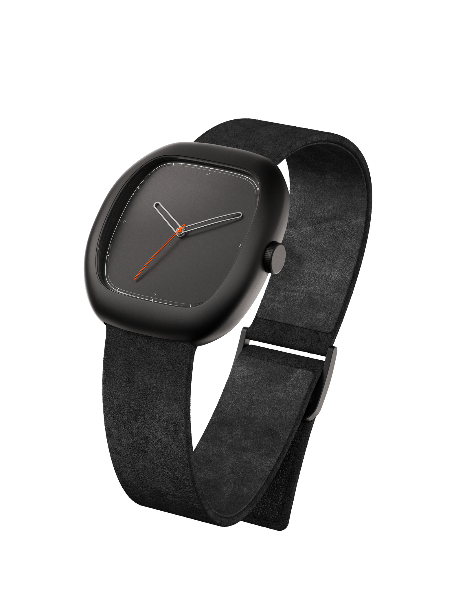 Front three-quarter view of the same cushion-shaped watch in an all-black colourway against a white background. The case, dial, crown, and folding clasp are finished in deep matte black, creating a near-tonal composition. The dark grey dial retains the open-loop hand design in a matching dark finish, with the slim orange seconds hand providing the only colour contrast. The wide black suede strap shows the same lug-free integrated form. The overall effect is more stealth and graphic than the titanium version.