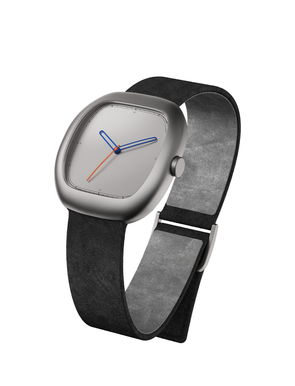 Front three-quarter view of a cushion-shaped titanium wristwatch against a white background. The heavily domed, pebble-like case has a sandblasted matte finish with no visible lugs, flowing directly into a wide black suede strap with a light grey interior and a polished titanium folding clasp. The clean grey dial features a minimalist minute track with numerals at 12, 3, 6, and 9, open-loop blue hour and minute hands, and a slim orange seconds hand with a blue centre pip. A small knurled crown sits flush at 3 o'clock.