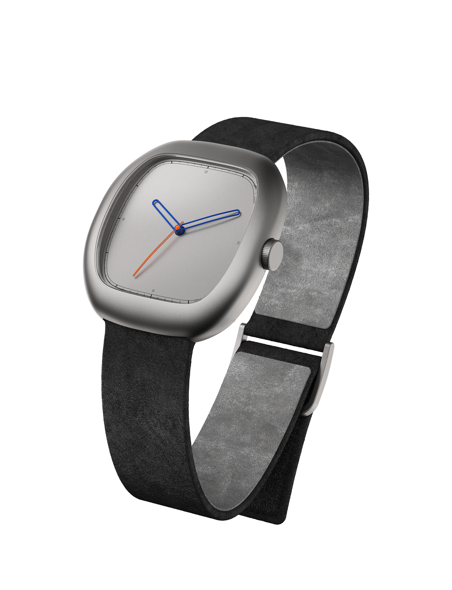 Front three-quarter view of a cushion-shaped titanium wristwatch against a white background. The heavily domed, pebble-like case has a sandblasted matte finish with no visible lugs, flowing directly into a wide black suede strap with a light grey interior and a polished titanium folding clasp. The clean grey dial features a minimalist minute track with numerals at 12, 3, 6, and 9, open-loop blue hour and minute hands, and a slim orange seconds hand with a blue centre pip. A small knurled crown sits flush at 3 o'clock.
