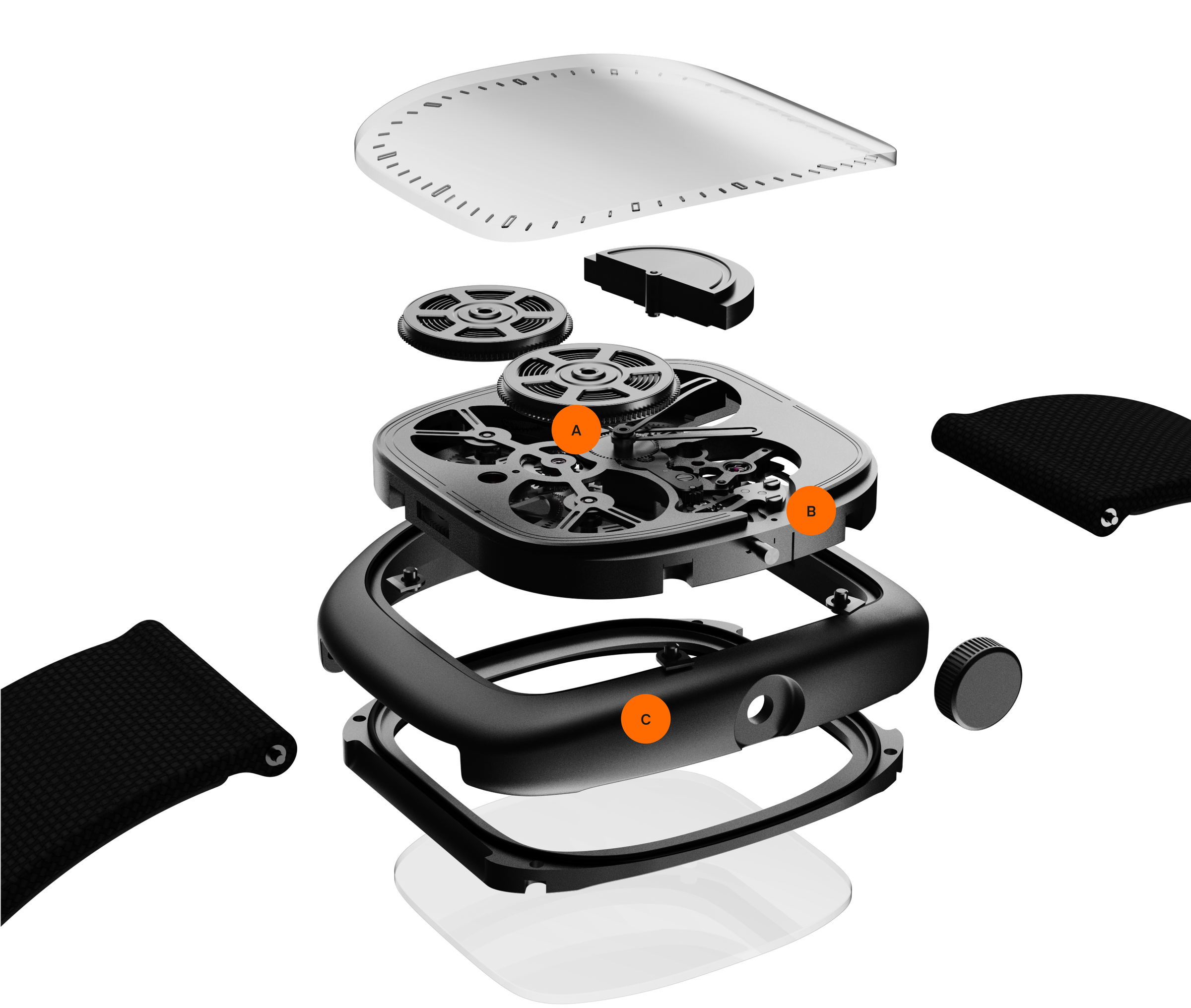 exploded view of acf-02 timepiece