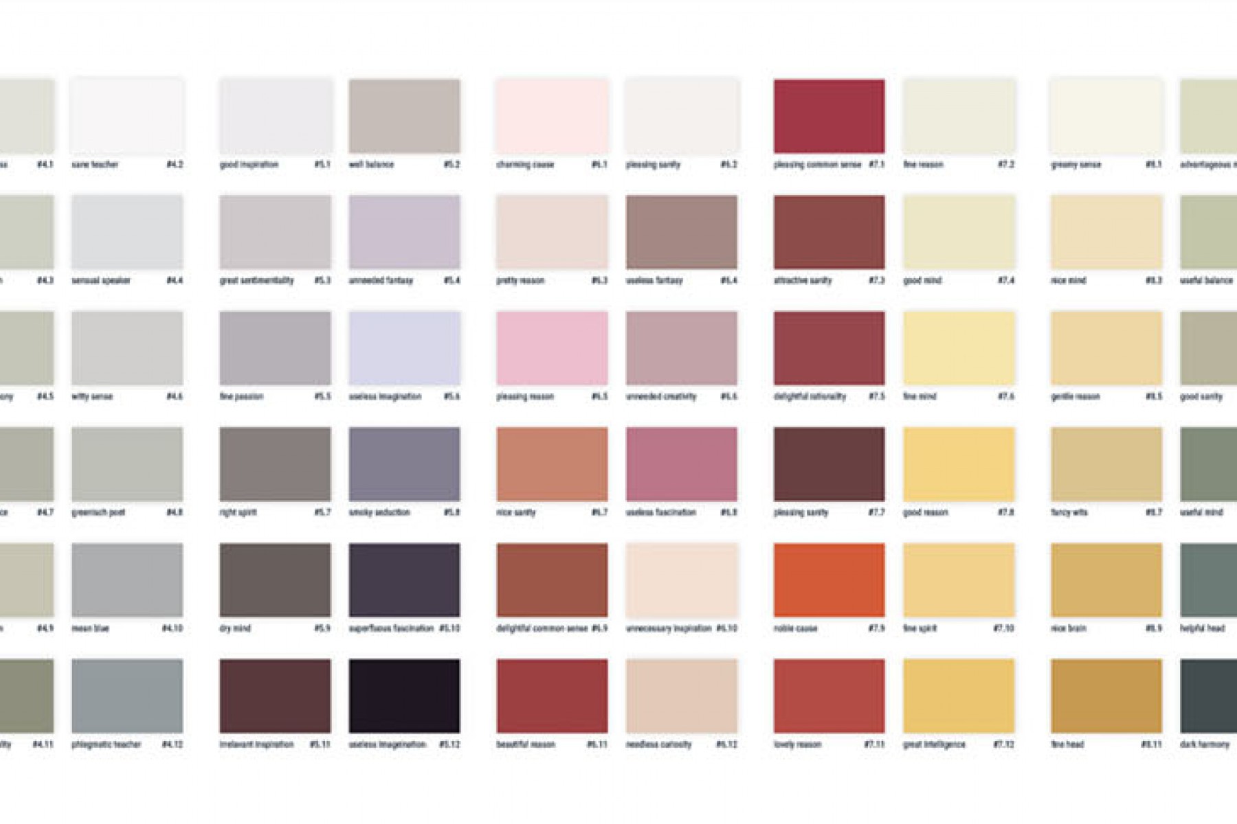 A color palette chart with various shades of colors, including red, orange, yellow, green, blue, purple, pink, and brown, arranged in rows and columns.