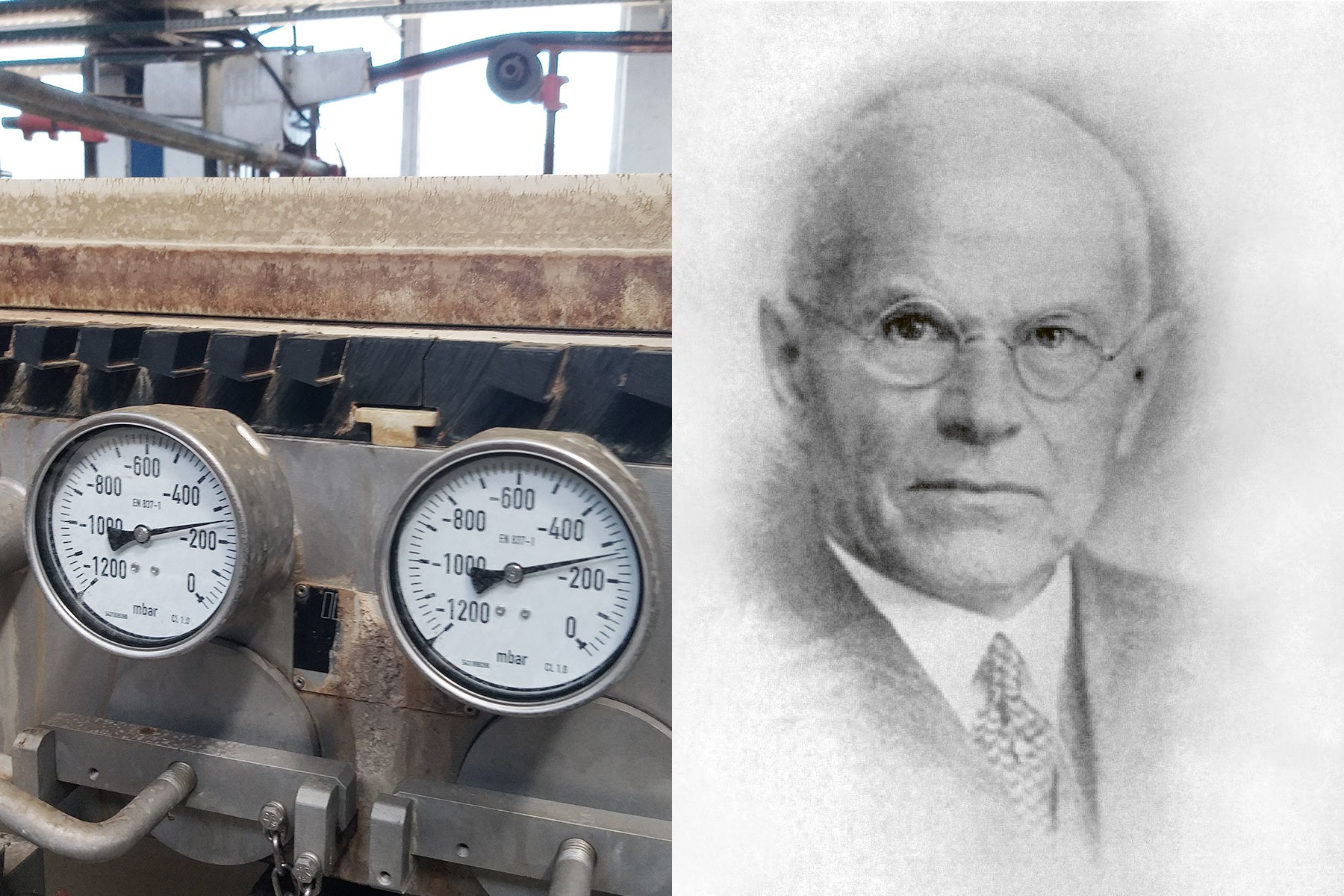 Ein geteiltes Bild, das eine Nahaufnahme von zwei Druckmessgeräten an einer Maschine und ein Schwarz-Weiß-Porträt eines Mannes mit Brille und Anzug zeigt.