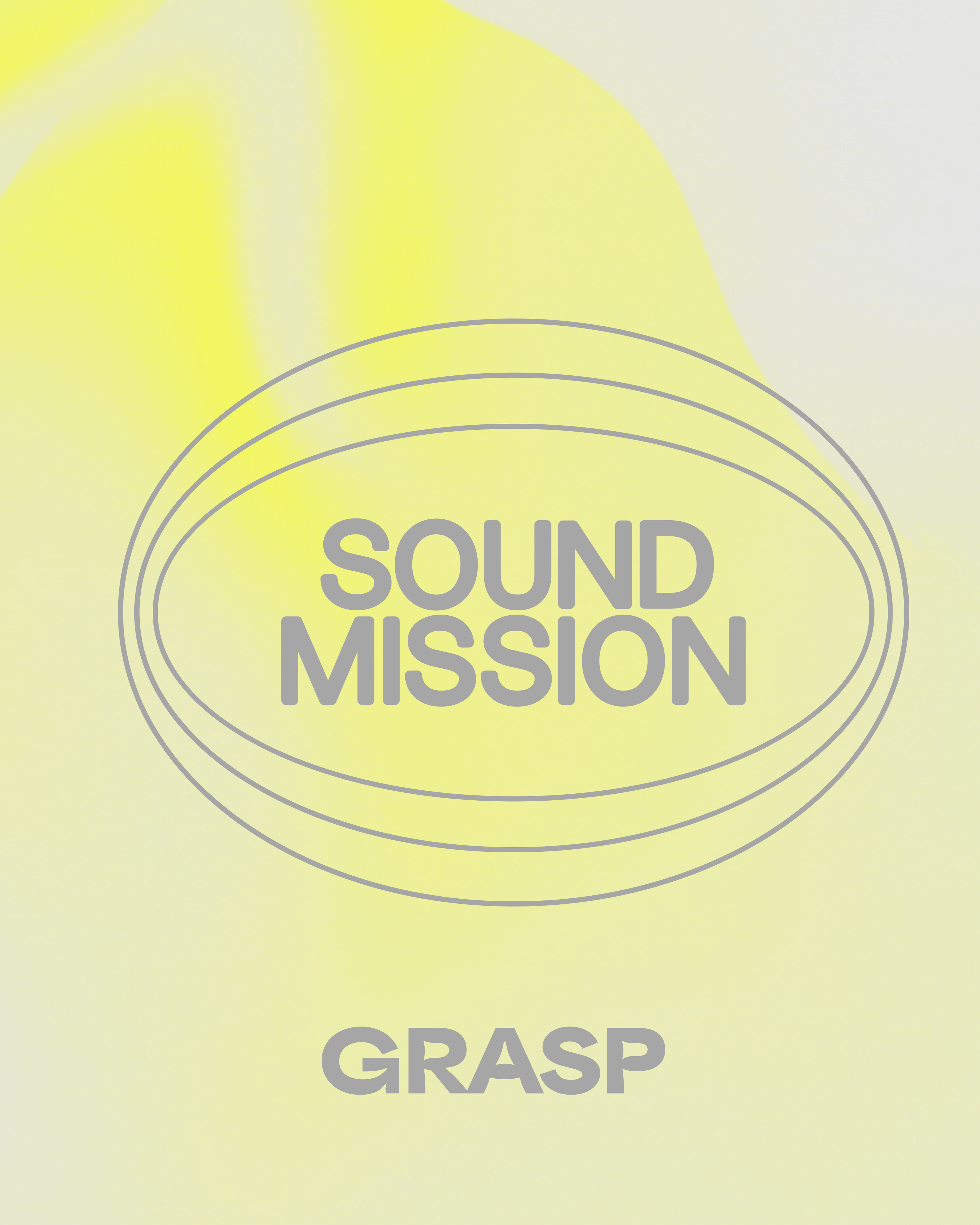 The graphic features "Sound Mission" inside an oval with "GRASP" below, set on a yellow and white gradient background.