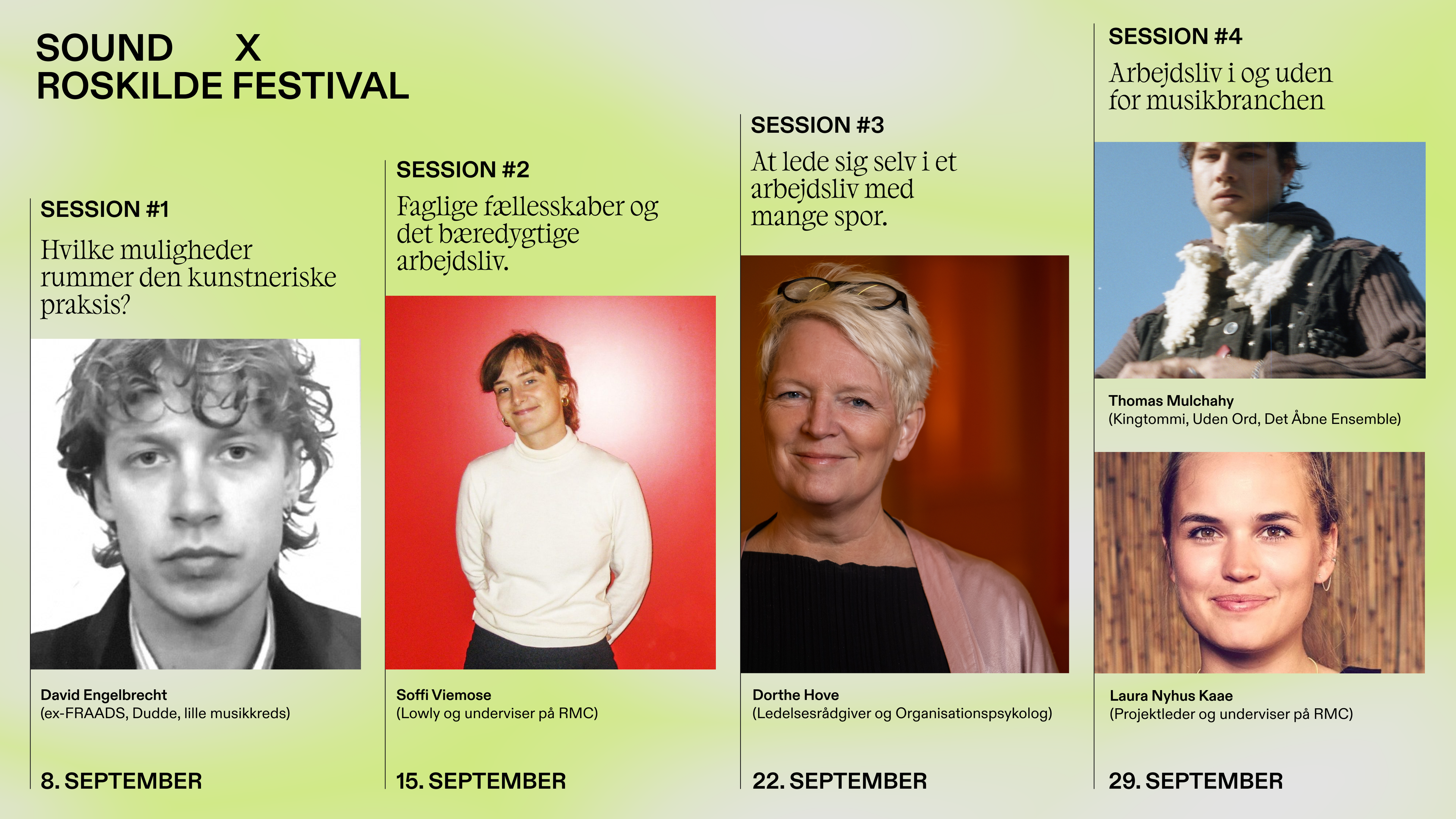 Four panels with images and text for Sound x Roskilde Festival sessions in September, featuring speakers including David Engelbrecht and Dorthe Hove.