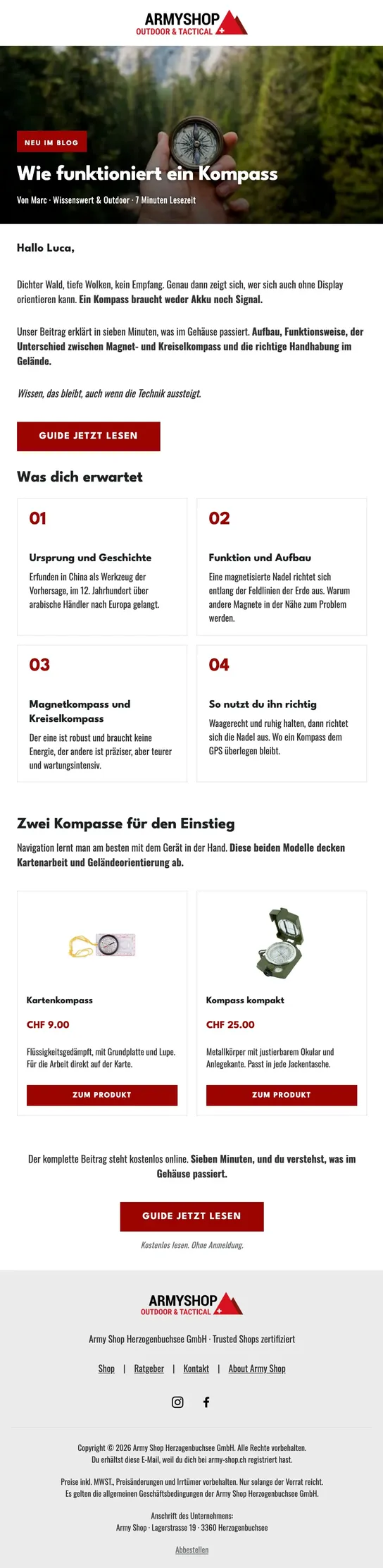 E-Mail-Template von Army Shop: Kompass lesen – Das Grundwissen in 7 Minuten