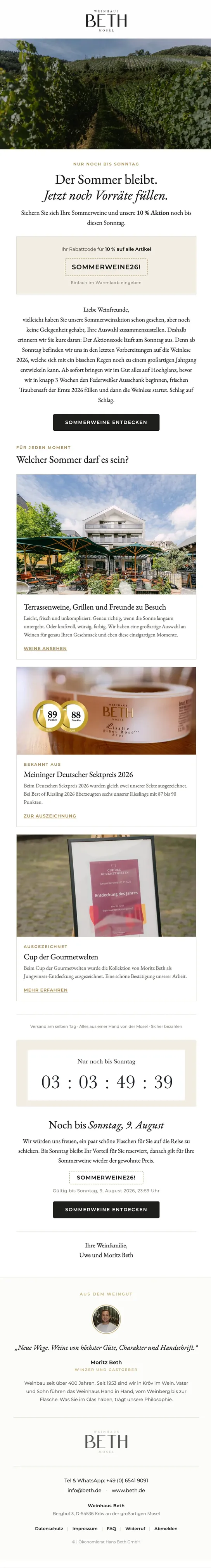 E-Mail-Template von Weinhaus Beth: Nur noch bis Sonntag – Dein Sommerwein-Vorteil