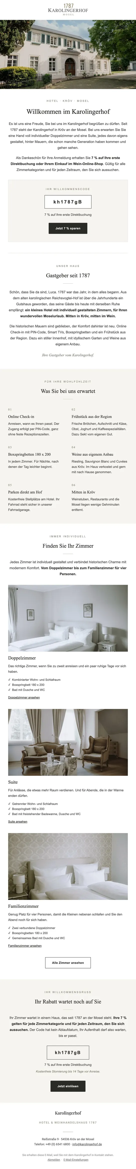 E-Mail-Template vom Karolingerhof: Ihr 7% Rabattcode für den Karolingerhof