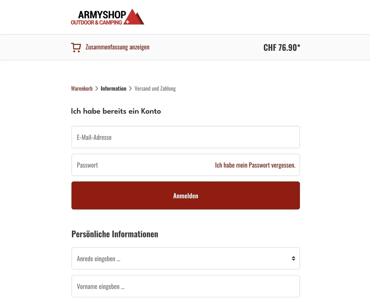 Responsiver Checkout auf dem Tablet - Army Shop