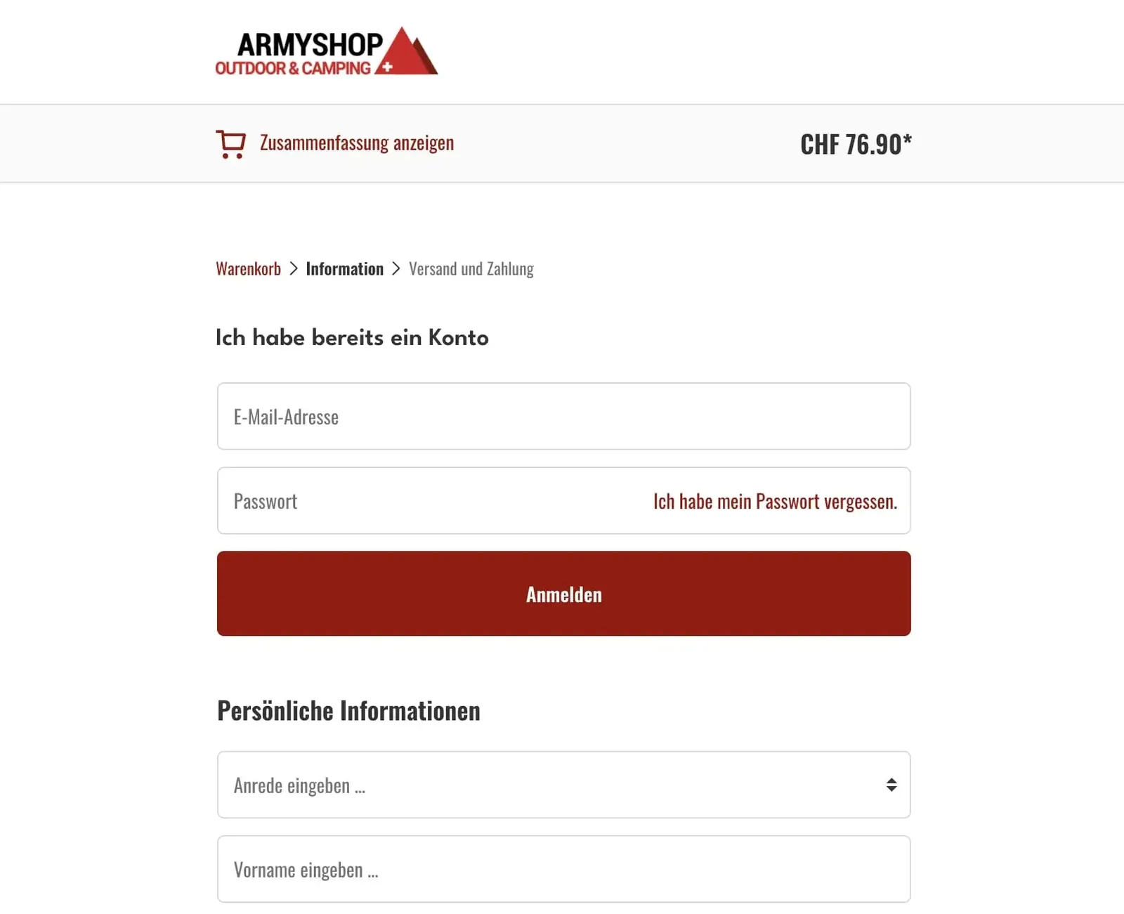 Responsiver Checkout auf dem Tablet - Army Shop