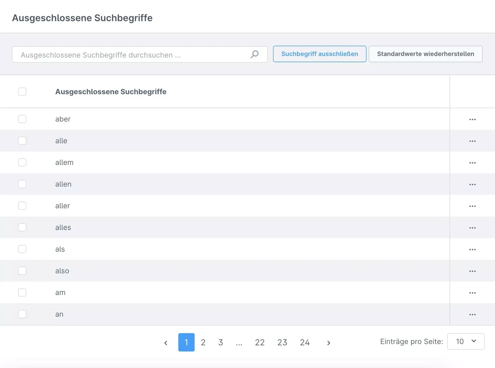 Einstellungen für ausgeschlossene Suchbegriffe