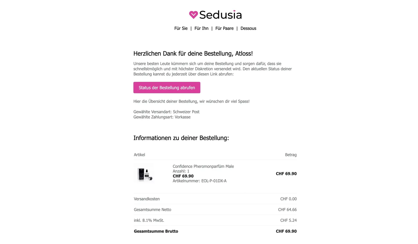 Auszug der Bestellbestätigung für den Kunden