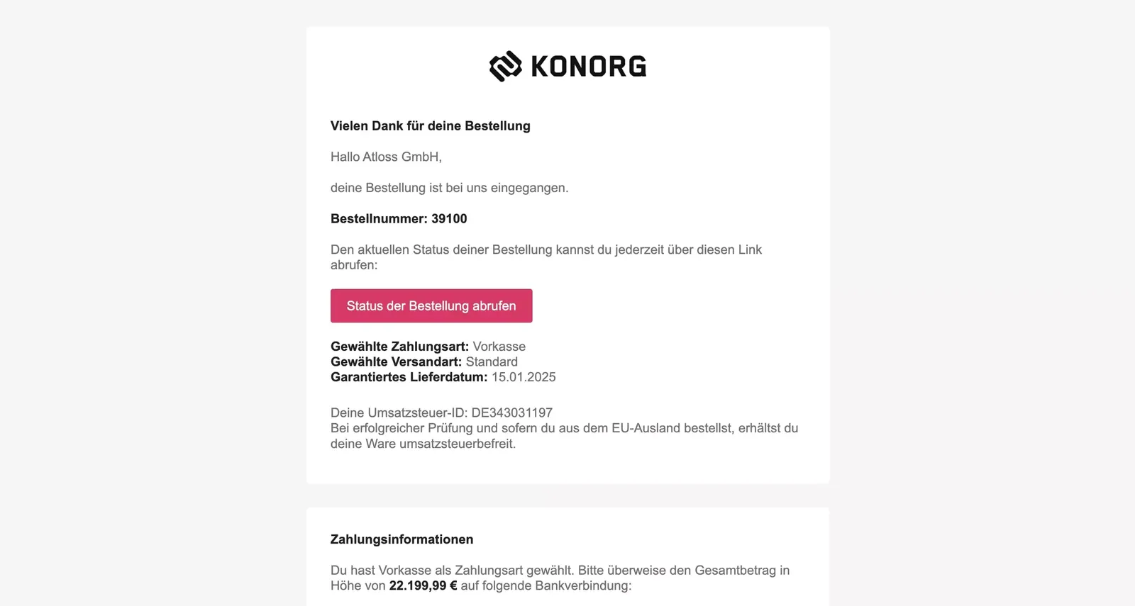 Bestellbestätigung von KONORG