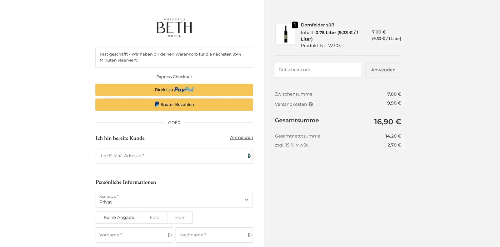 Checkout vom Weinhaus Beth