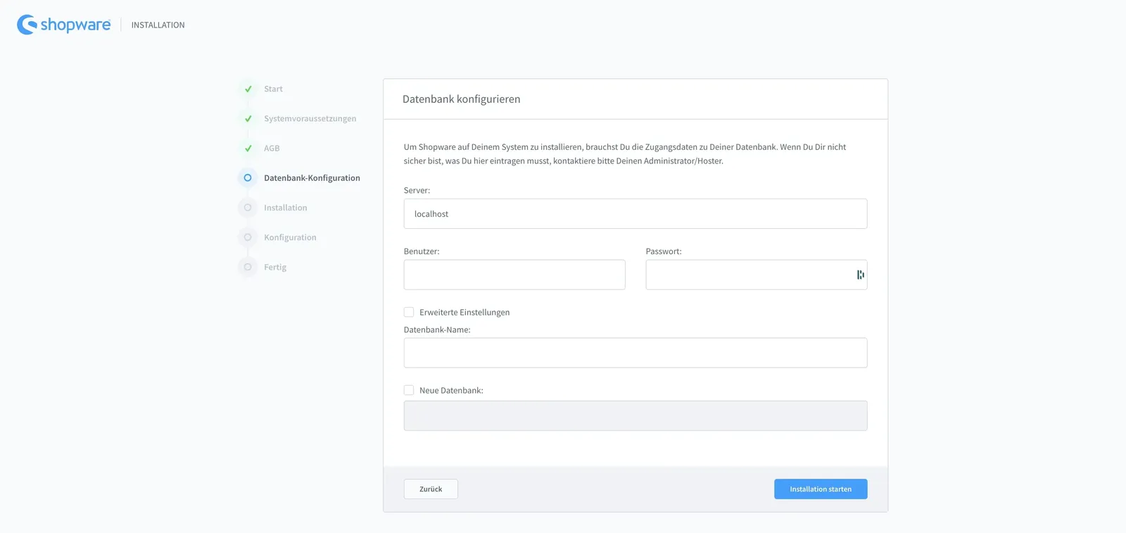 Datenbank-Konfiguration - Shopware Installer