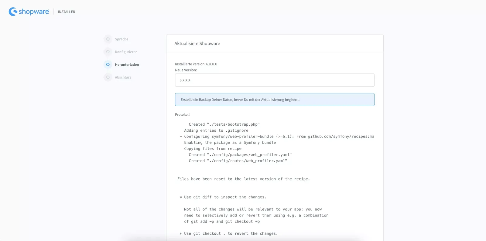 Shopware 6 Installer Aktualiserung