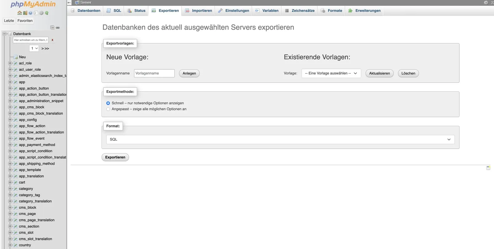 phpmyadmin - Datenbank exportieren