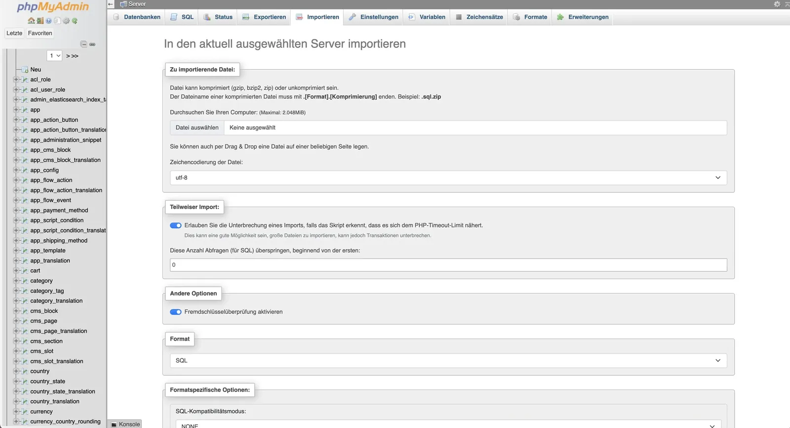 phpmyadmin - Datenbank importieren