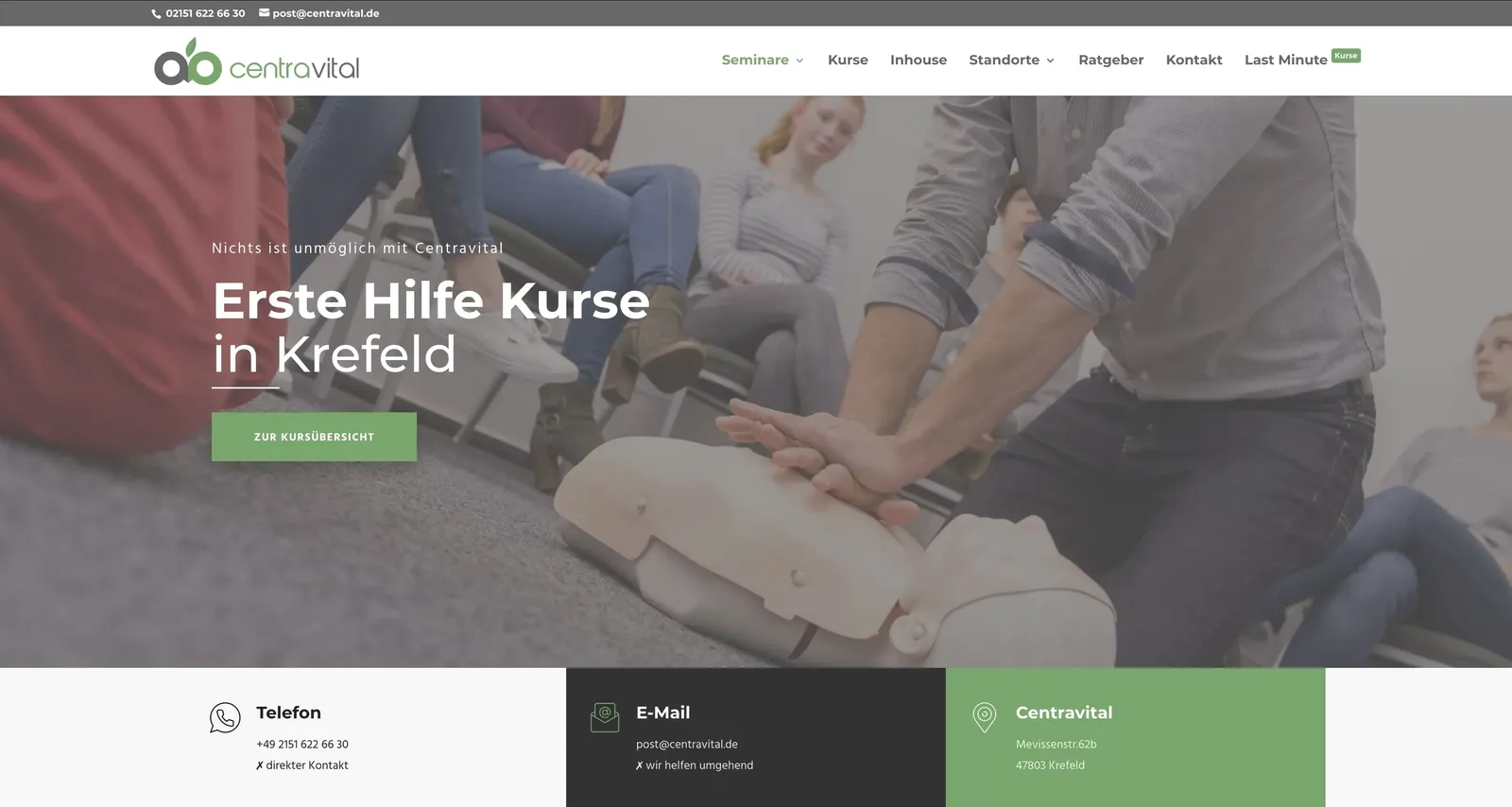 Einblick in die Landingpage "Erste Hilfe Kurse in Krefeld"