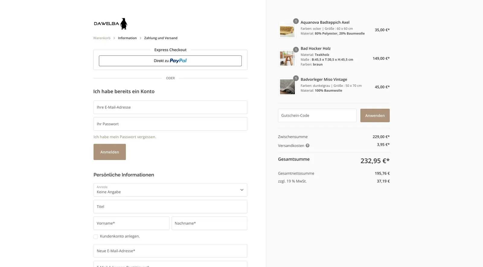 Optimierter Checkout - Dawelba