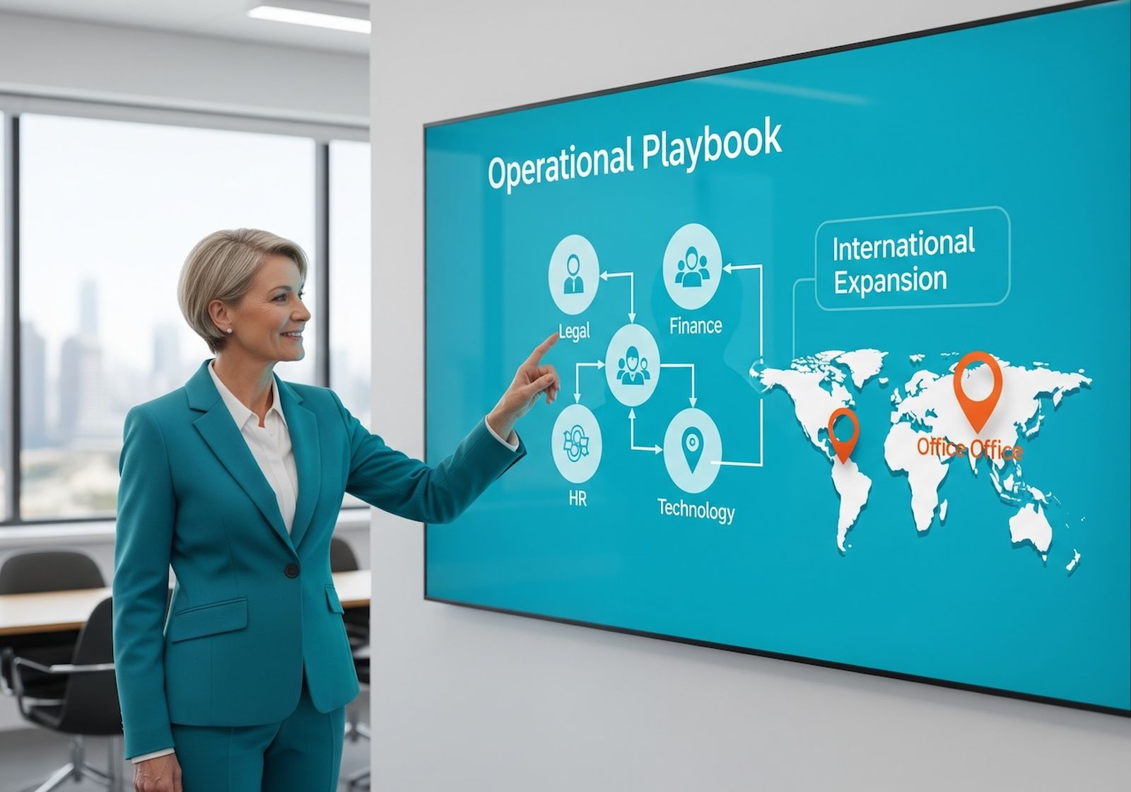 A leader using a digital operational playbook to plan an international business expansion and open a new office.