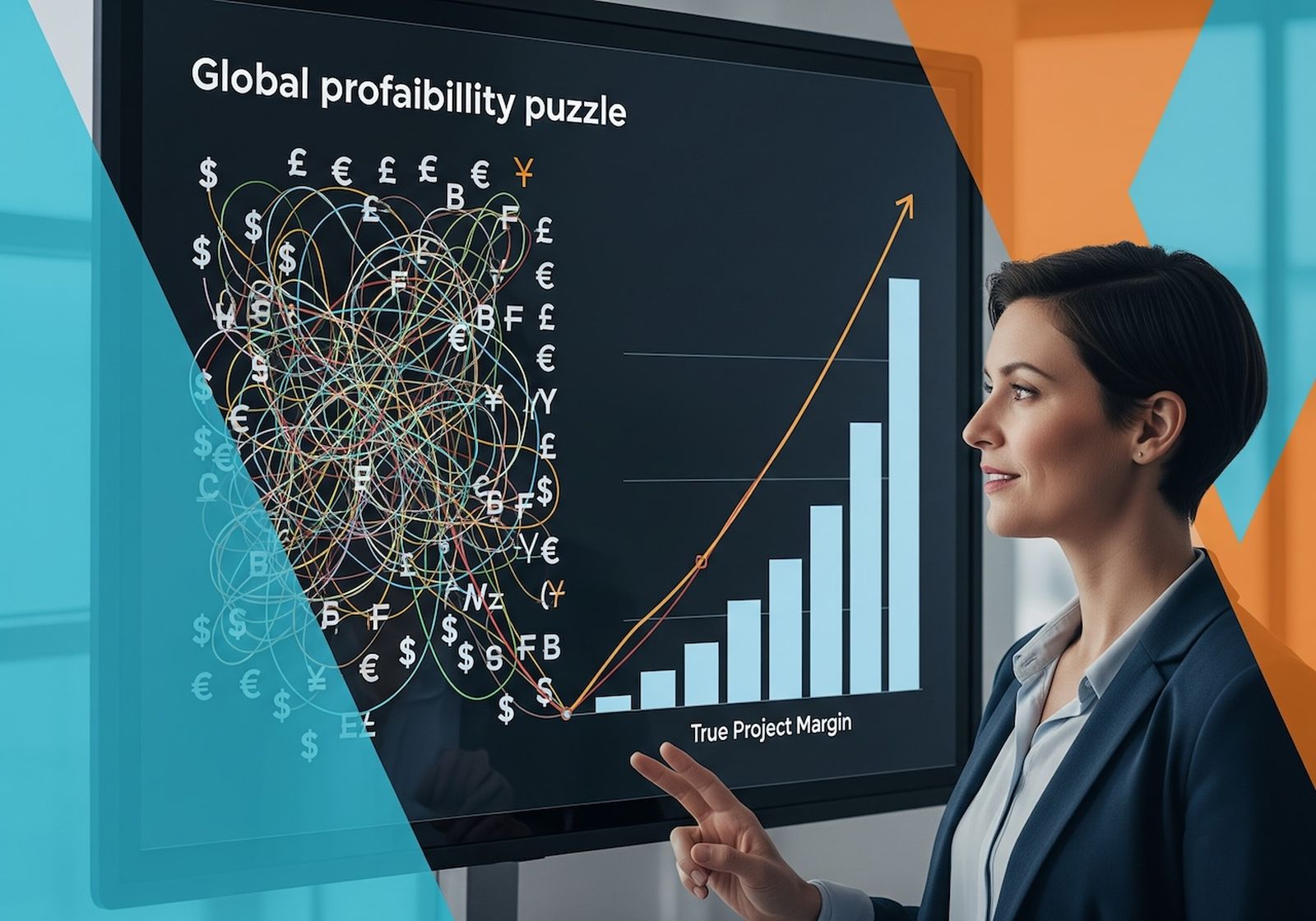 A leader looking at a dashboard that solves the global project profitability puzzle by consolidating multi-currency costs into a single chart.