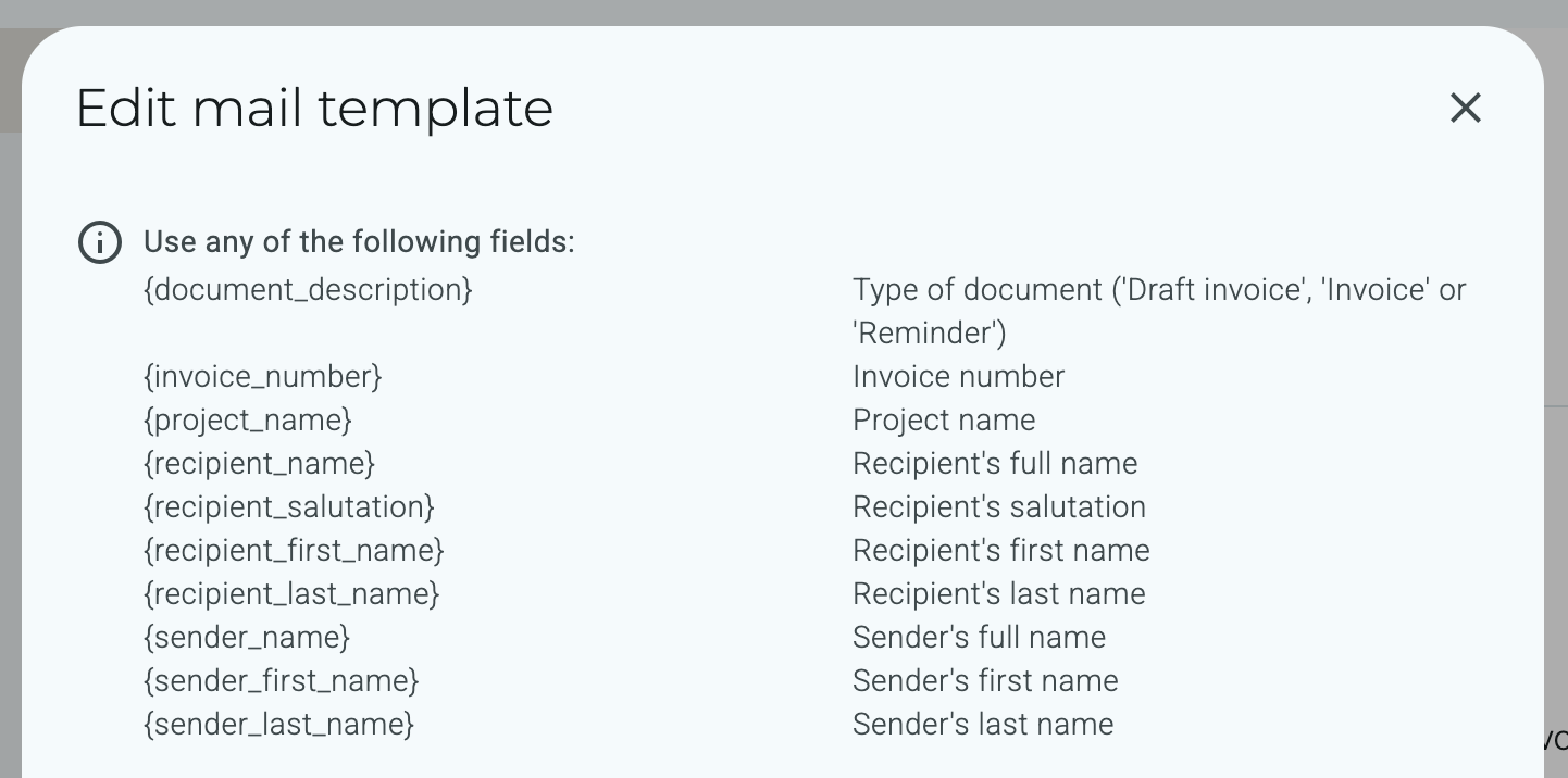 Available fields project invoice email template