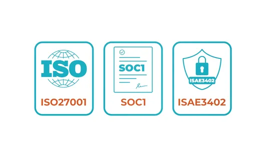 VOGSY ISO27001, SOC1, and ISAE3402 certified icons