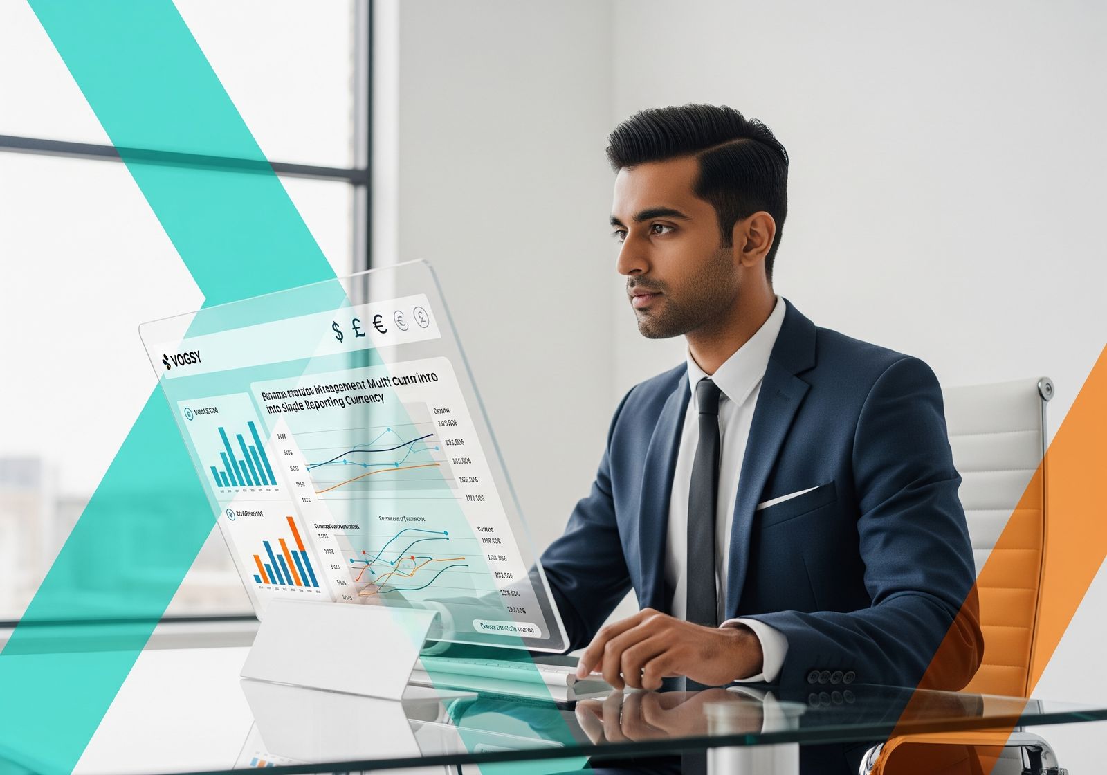 A finance leader analyzing a digital dashboard showing multi-currency invoicing and international project accounting.