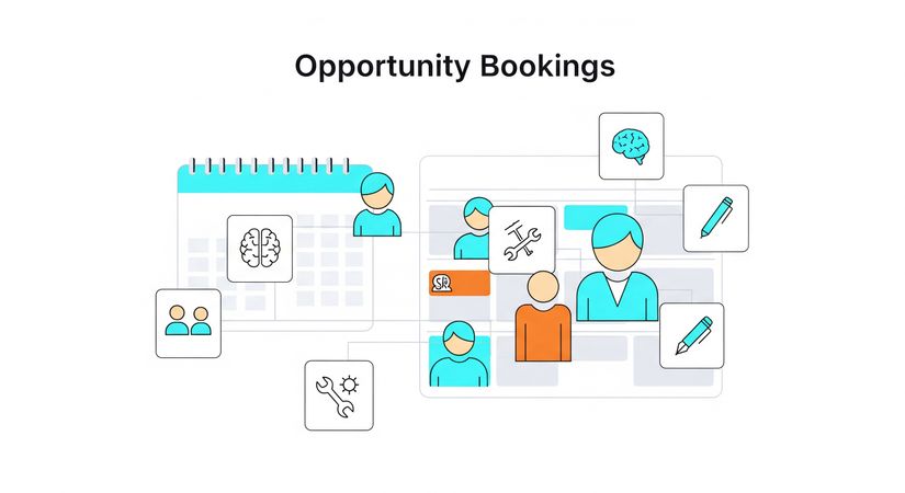 VOGSY Opportunity Bookings visual. Light cyan and deep orange symbols show a calendar schedule with abstract people and specific skill icons: a computer for coding, a paintbrush for design, and a checklist for project management, illustrating skill-based resource booking.