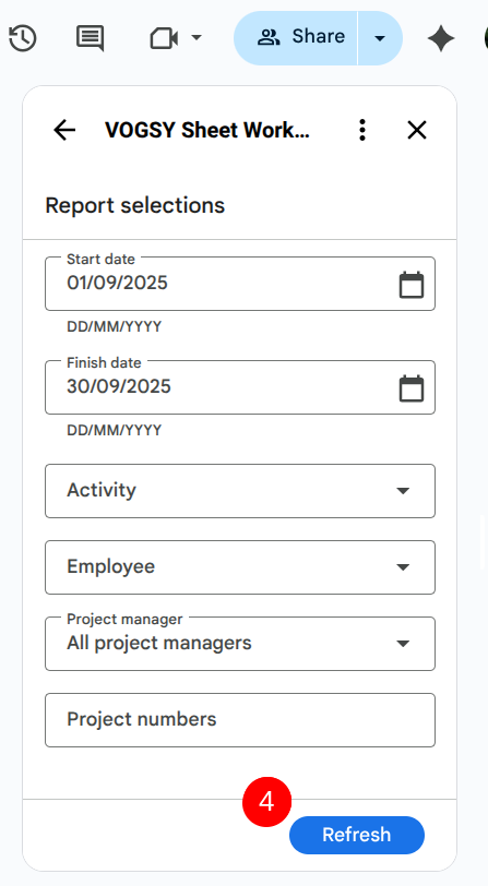 Refresh report Goole Sheet selection dialog