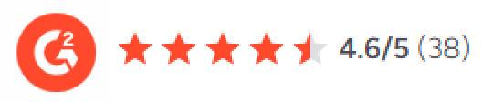 Red G2 logo next to a 4.5-star rating out of 5, with a score of 4.6/5 and 38 reviews.