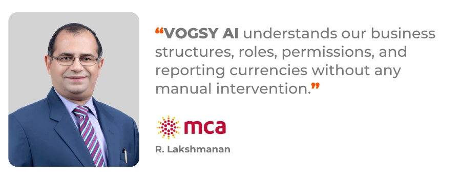 Testimonial from MCA about VOGSY AI: “Understands our business structures, roles, permissions, and reporting currencies without any manual intervention.”