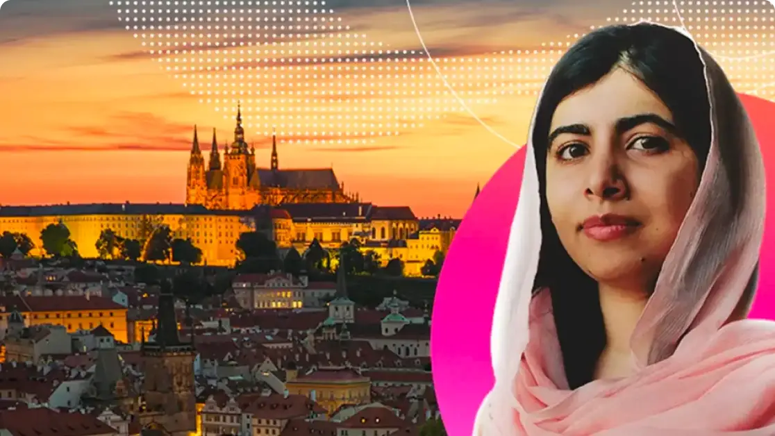 A cutout picture of Malala Yousafzai with Prague in the background