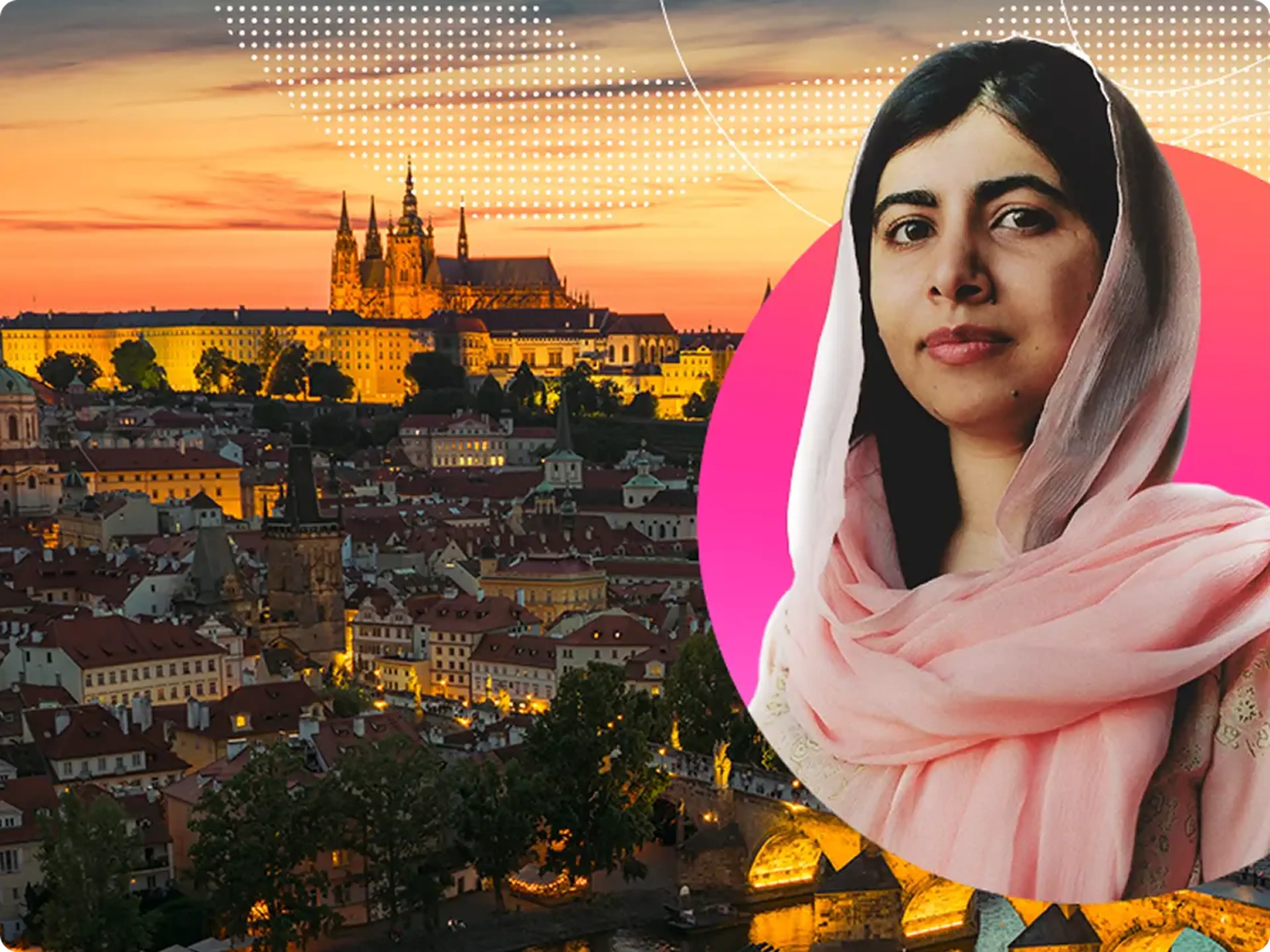malala over a background of prague at night