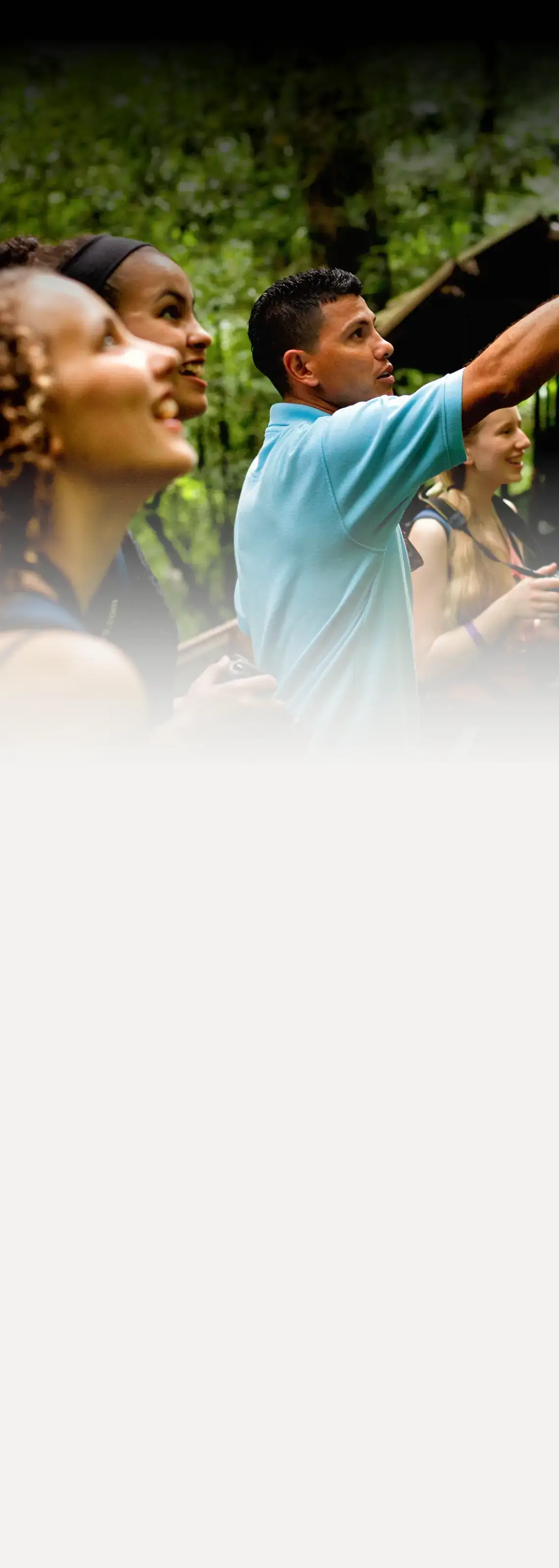 A local guide points out wildlife to a group of student travelers in a lush Costa Rican rainforest.