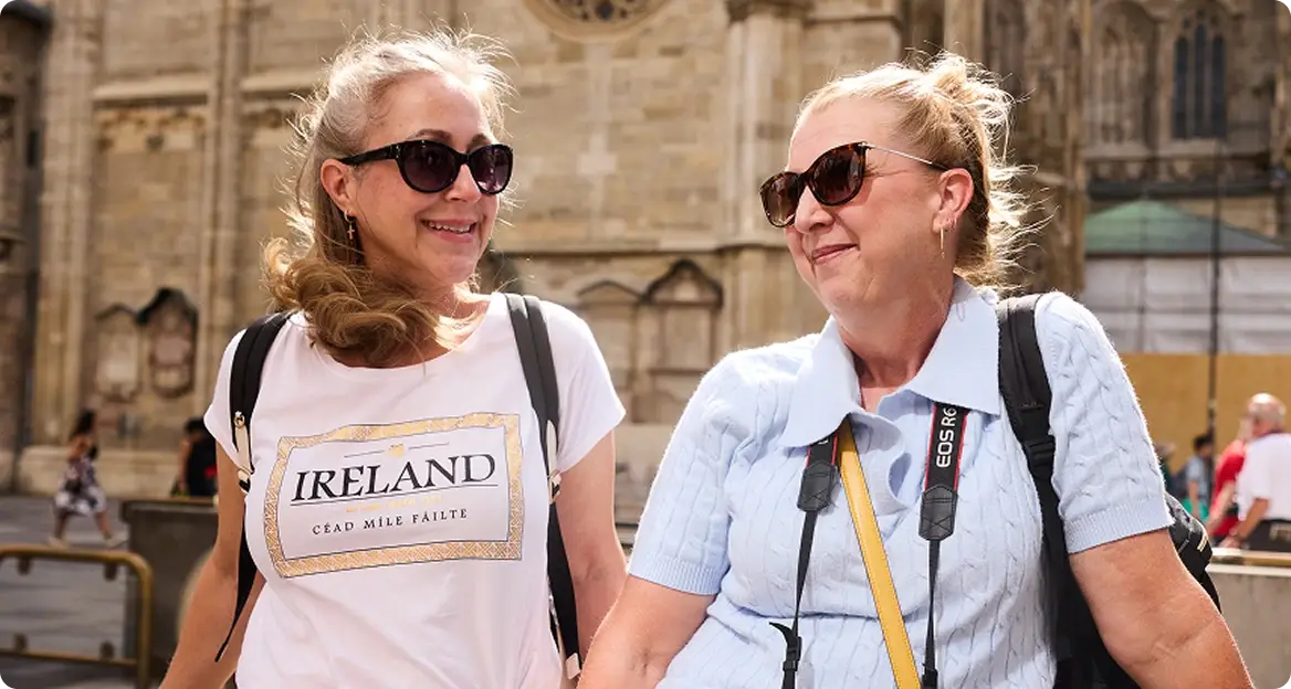 Two women in a European city