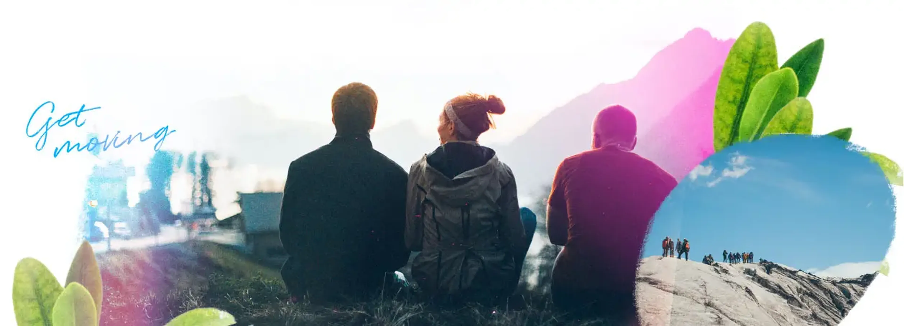 Collage of students looking at mountains