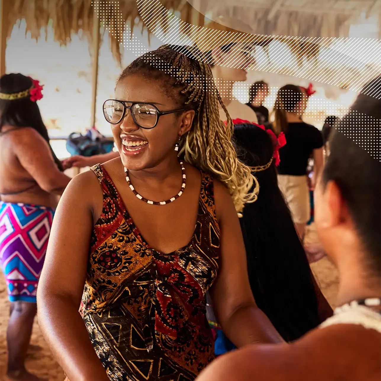 Traveler smiling and dancing at a community event in Panama