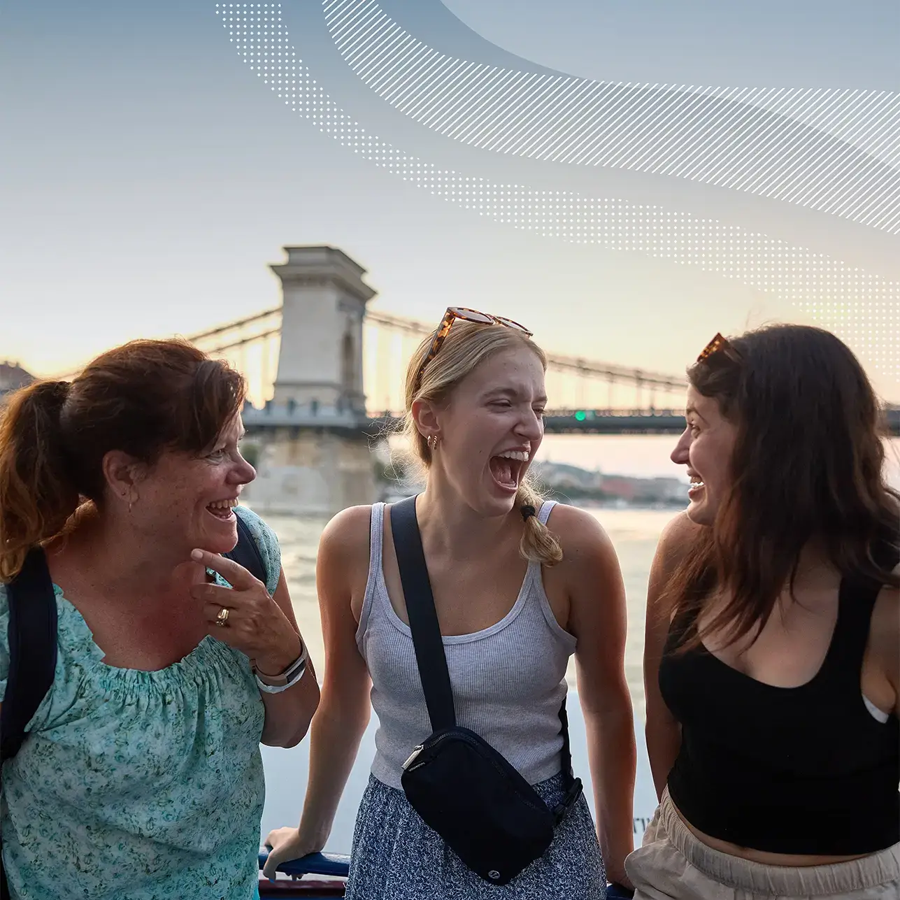 Travelers and group leader on a boat in the Danube in Budapest