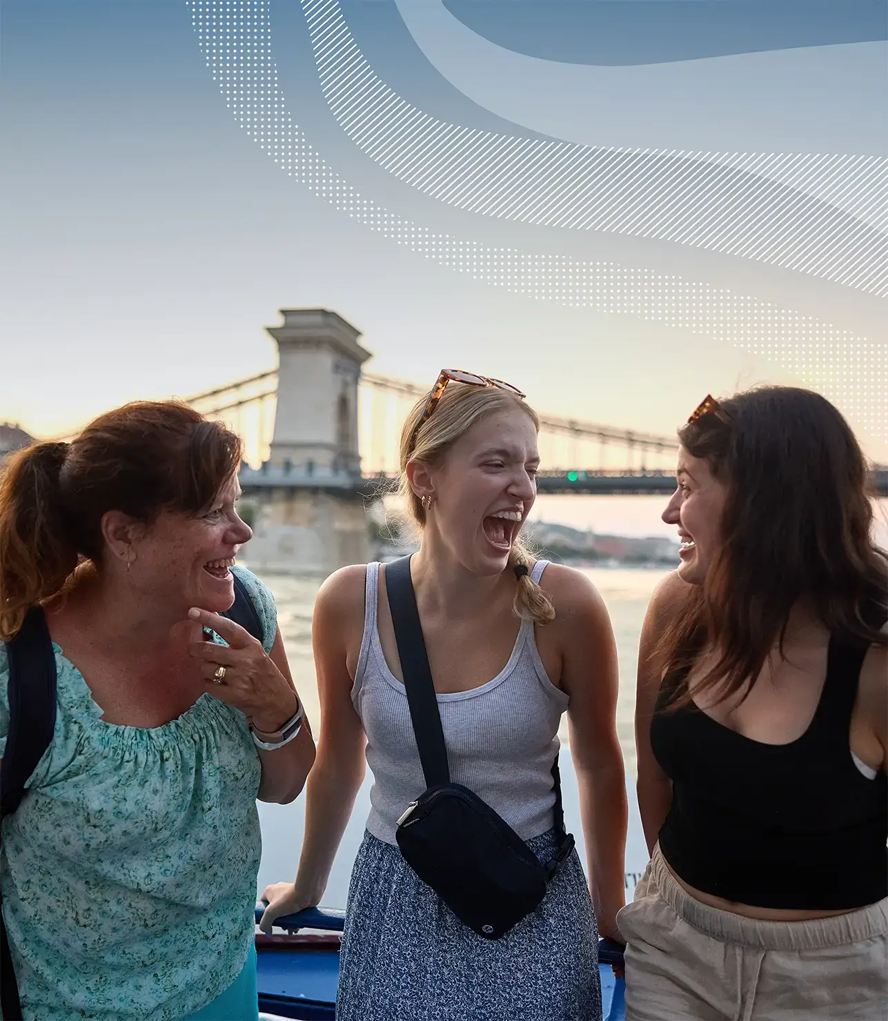 Travelers and group leader on a boat in the Danube in Budapest