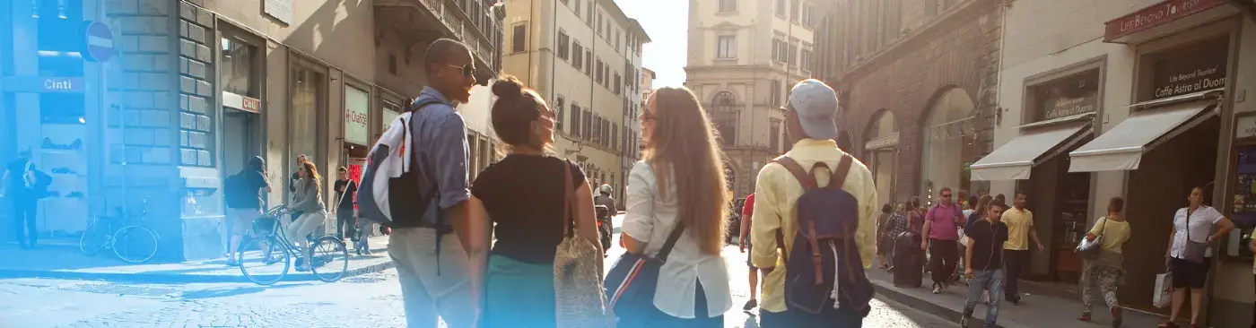 student group walking in europe