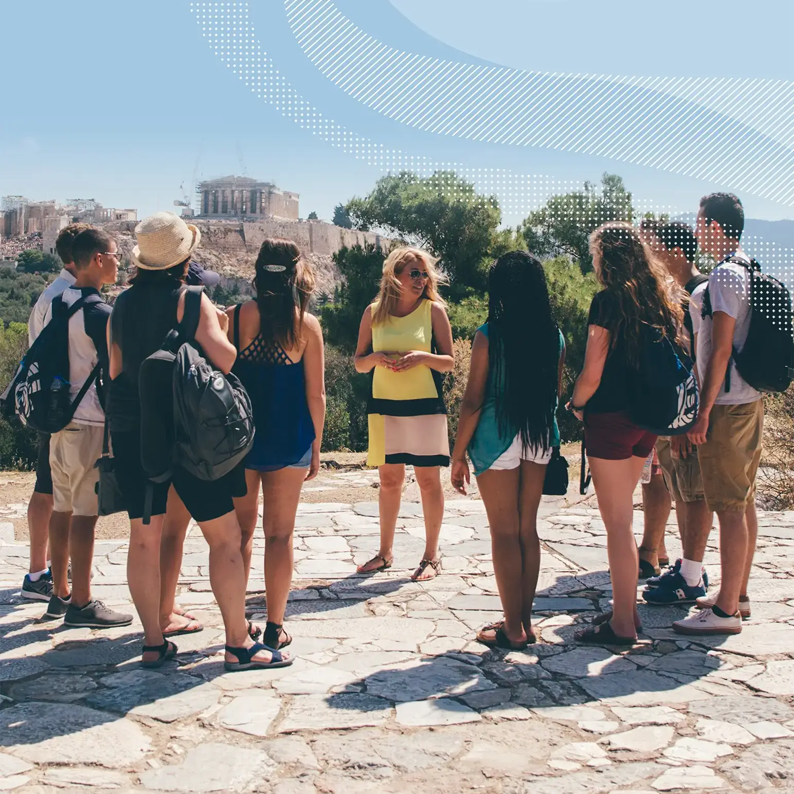 Students and group leader on tour in Greece