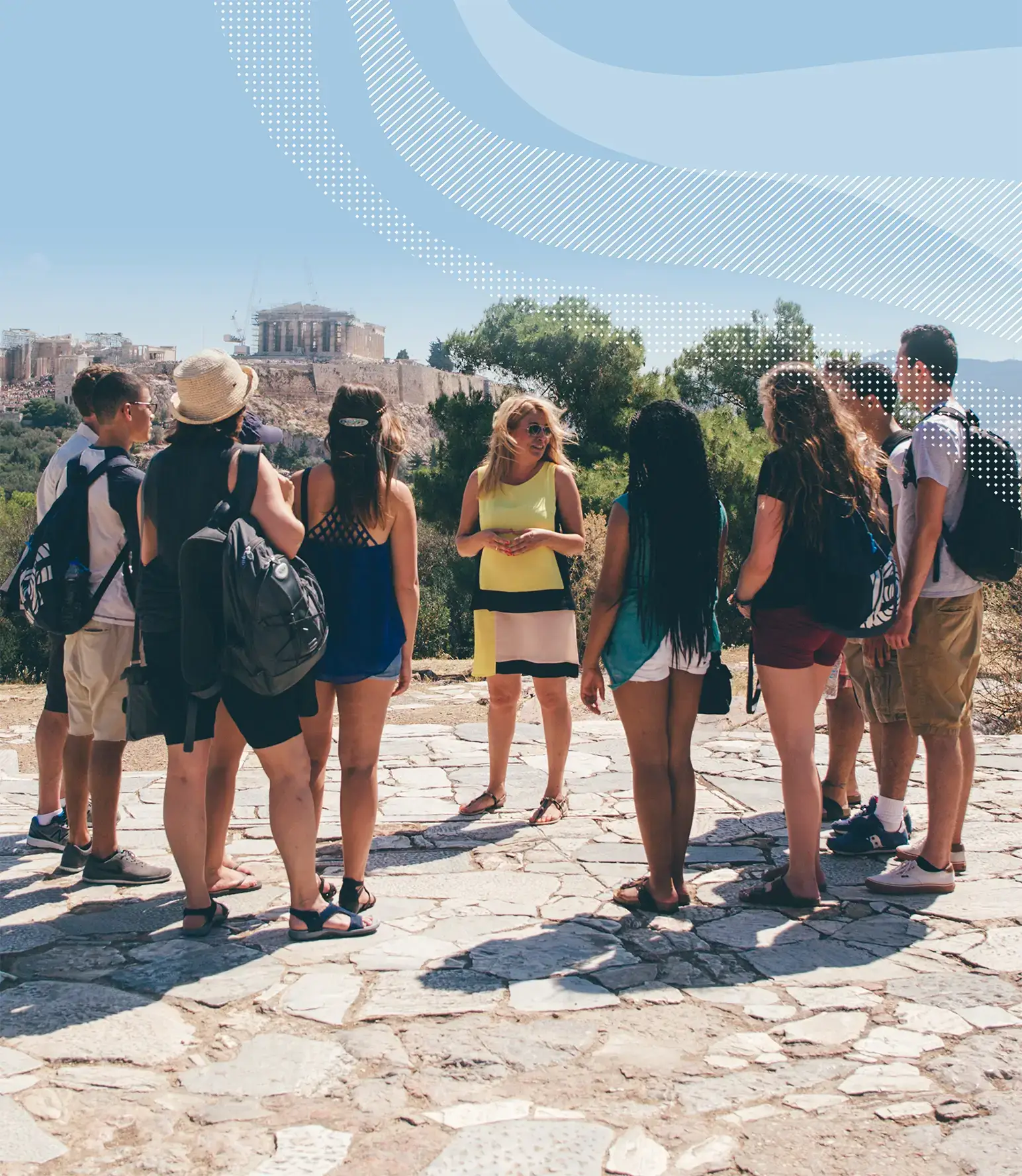 Students and group leader on tour in Greece