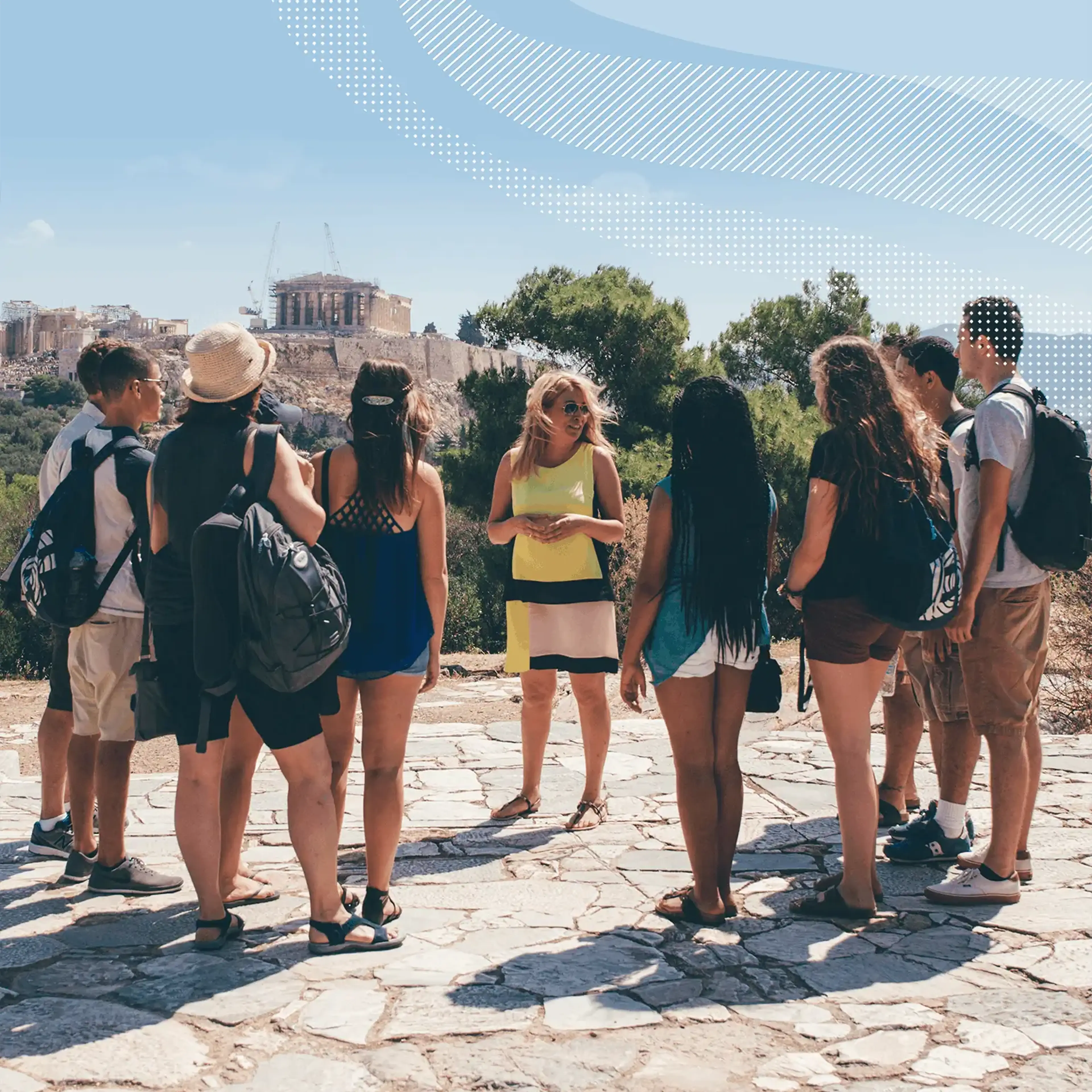 Students and group leader on tour in Greece